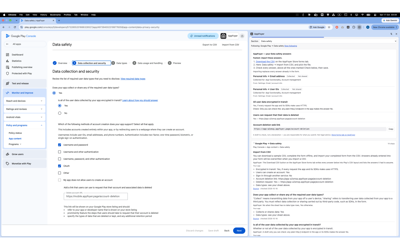 Google Play Console's Data safety page with the AppFoyer side panel open beside it, showing the app's own answers and the steps to import them as a CSV.