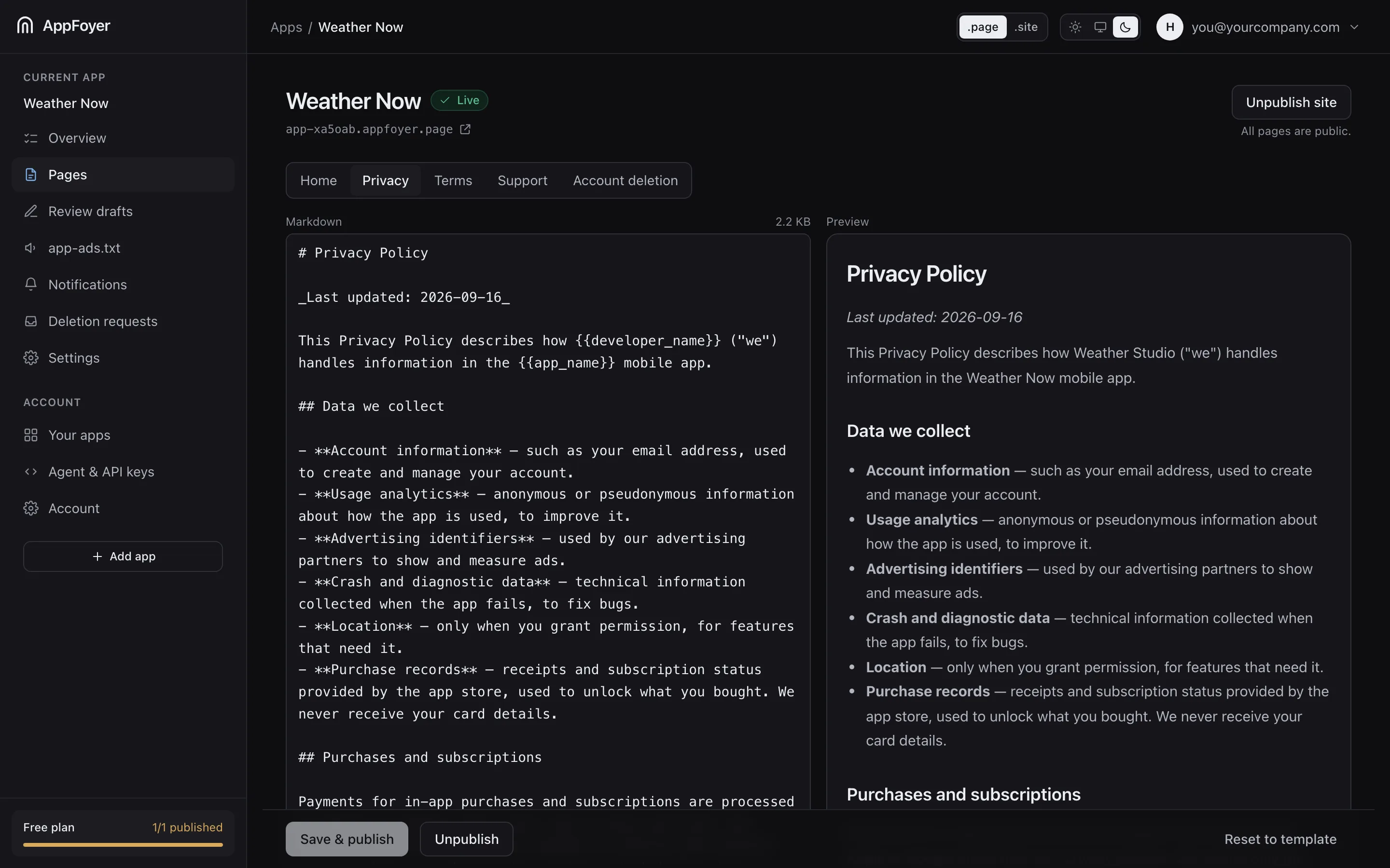 Un éditeur en deux volets : le source Markdown à gauche, la politique de confidentialité rendue à droite.